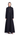 Iris black Italian crepe abaya with matte-gold Ghurz buttons, front view
